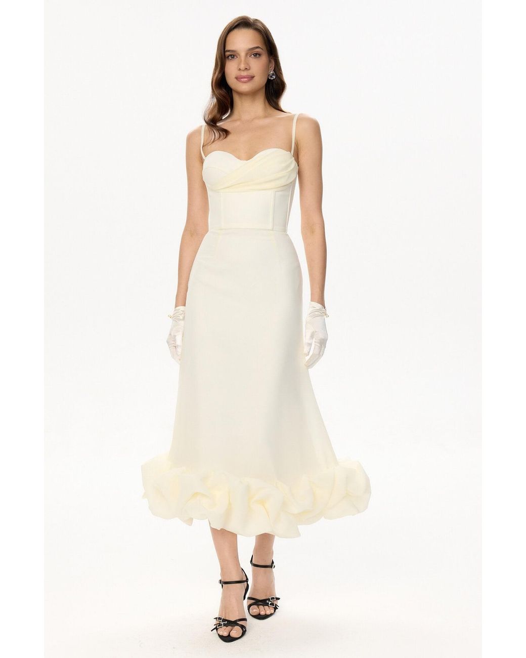 POST MERIDIEM White Ivory Draped Bodice Bottom Flounced Bustier Dress