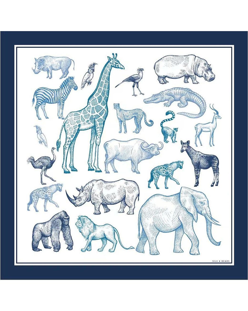 Silk and Bears Blue The Naturalist's Sketchbook Animal Print Silk Twill Scarf – Cornflower & Ivory