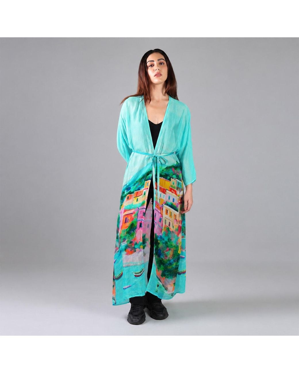 DHARA SHETH DUBAI Blue La Dolce Riviera Mediterranean Long Kimono Dress