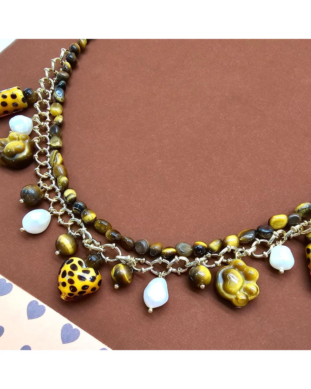 Farra Brown Leopard Print Tiger-Eye Stone And Pearls Layered Bag Charm