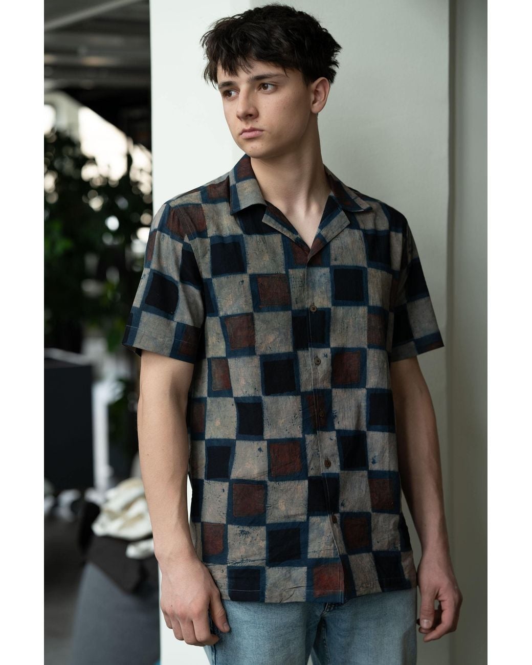 Stovaria Black Camp Collar Half Sleeve Organic Cotton Shirt With Natural Dye Handblock Squares for men