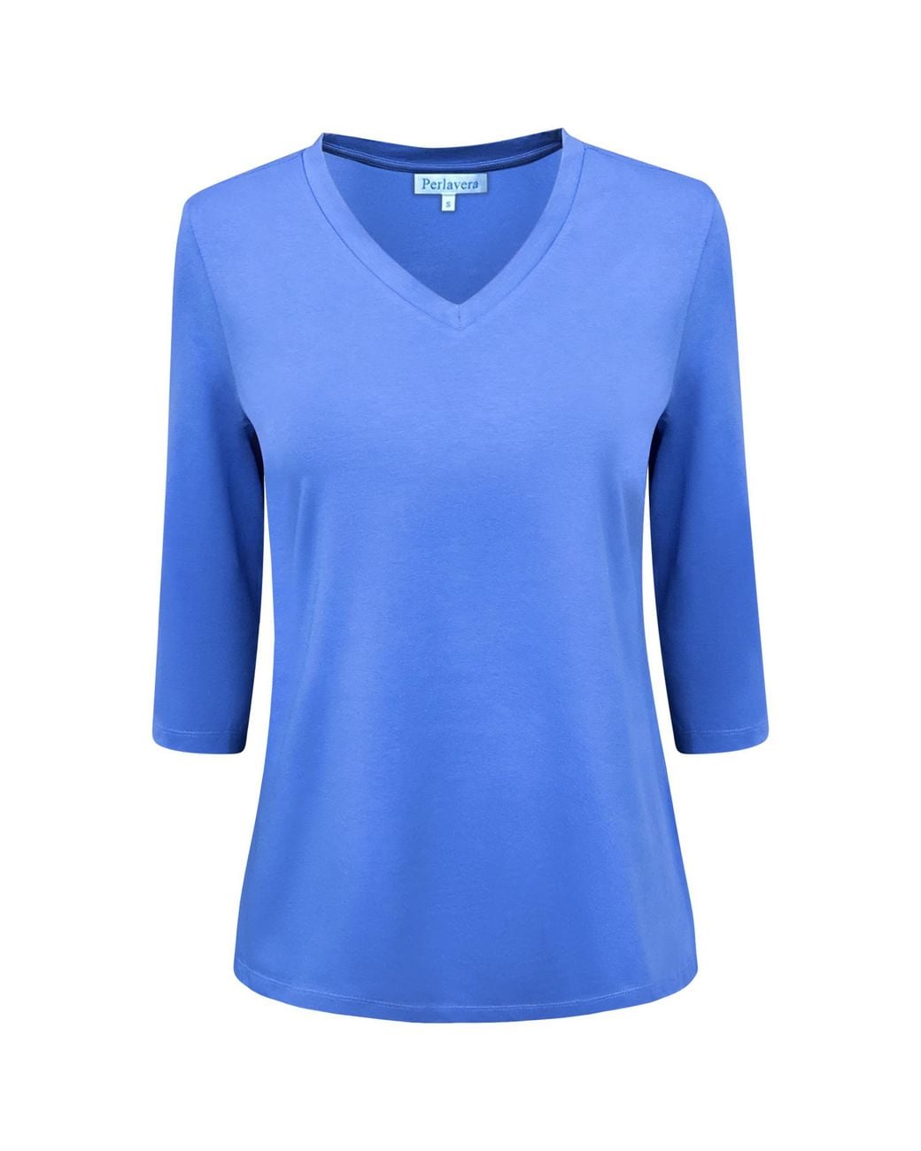 Perlavera Blue Tony Solid Cotton Spandex Three Quarter Sleeve Length V-Neck T-Shirt