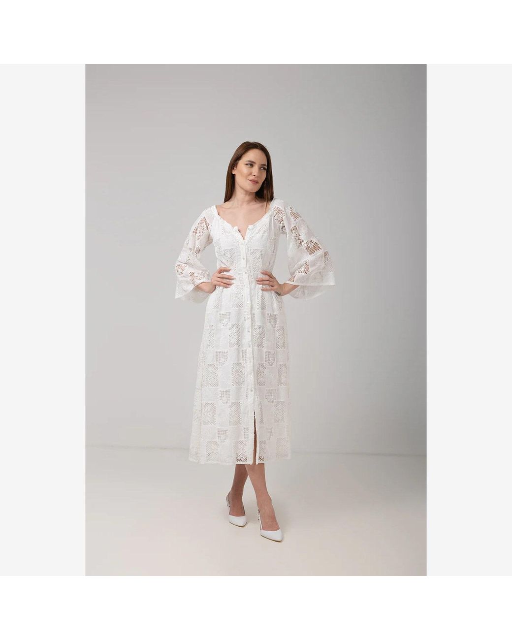 IZABELA MANDOIU Gray Ivory Lace Elegance Midi Dress