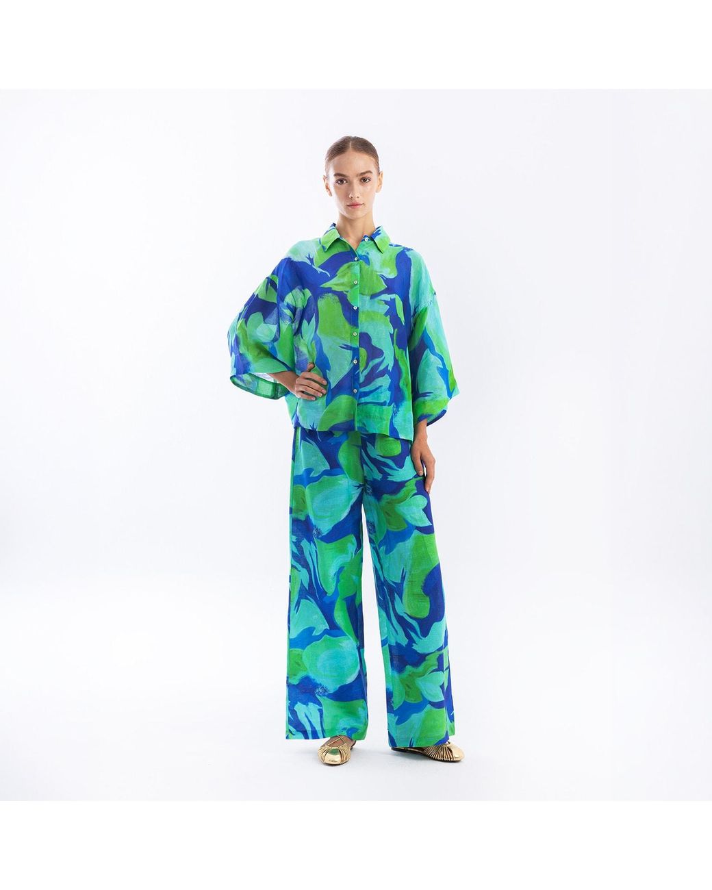 Haris Cotton Green Loose Fit Printed Linen Blend Shirt Lagoon