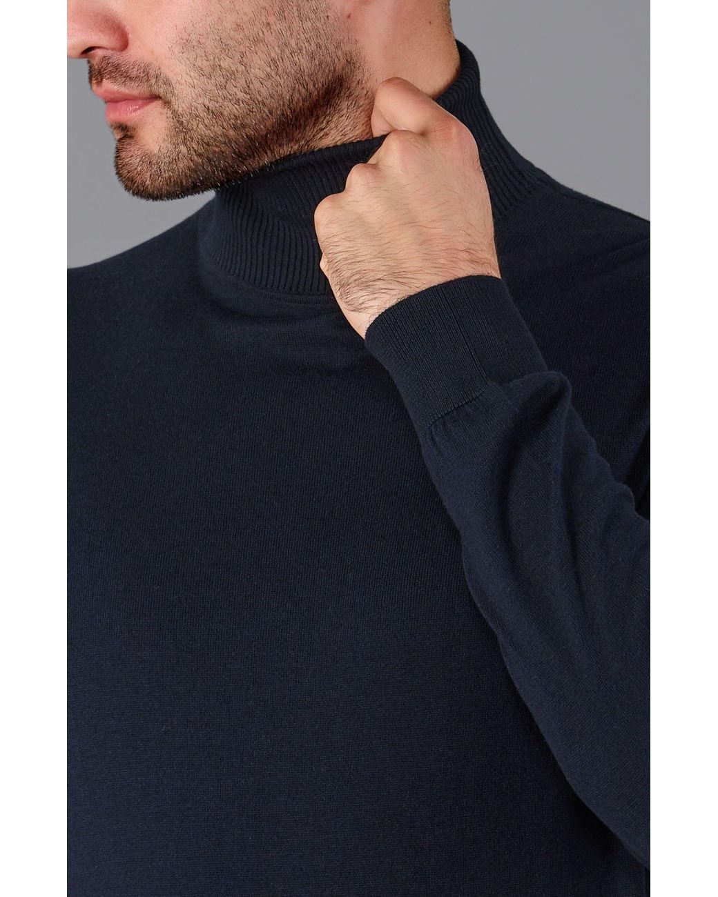 Paul James Knitwear Blue Ultra Fine Cotton Atwod Roll Neck Jumper for men