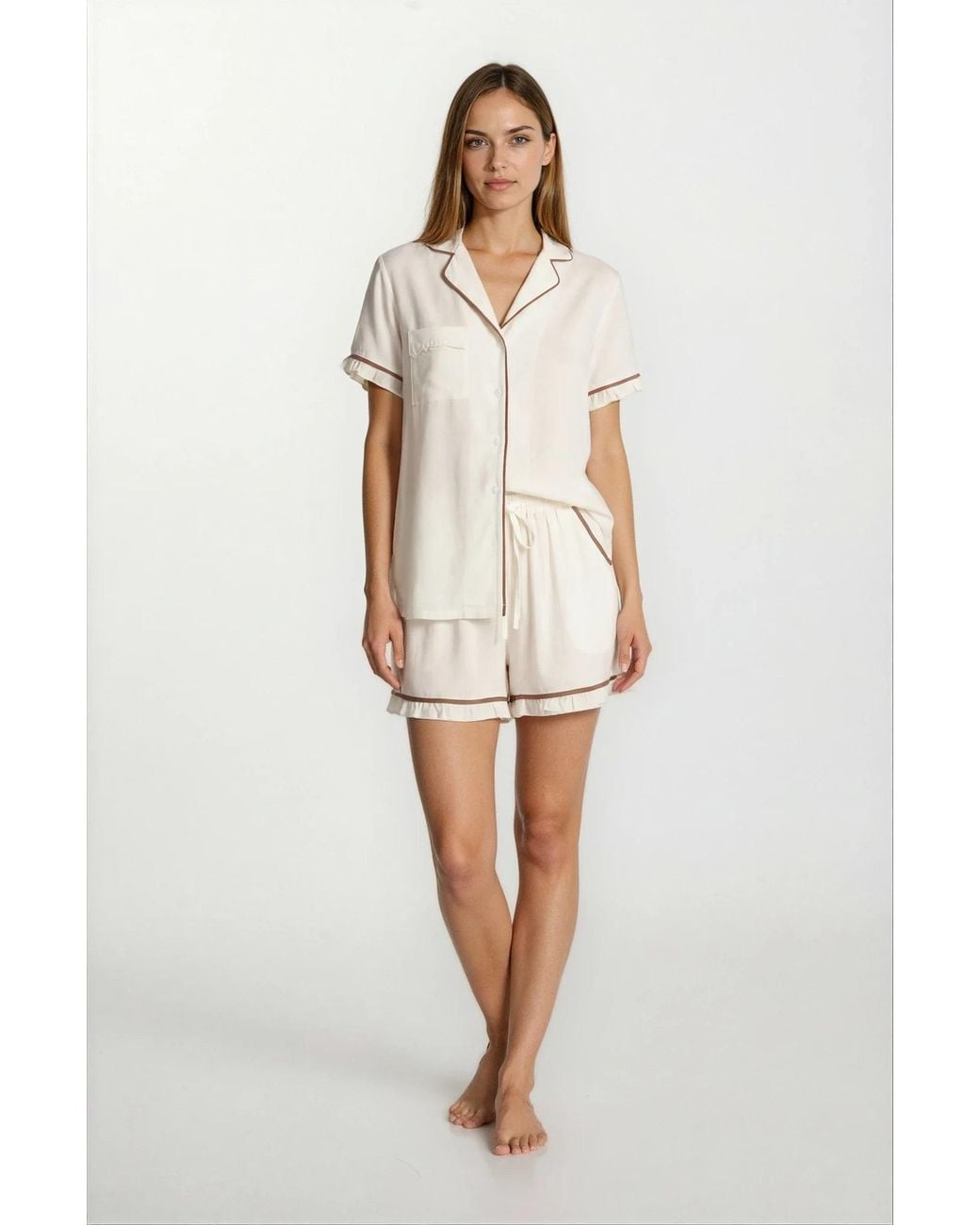 Carolina Benoit White Luxury Short Pajama With Ruffles