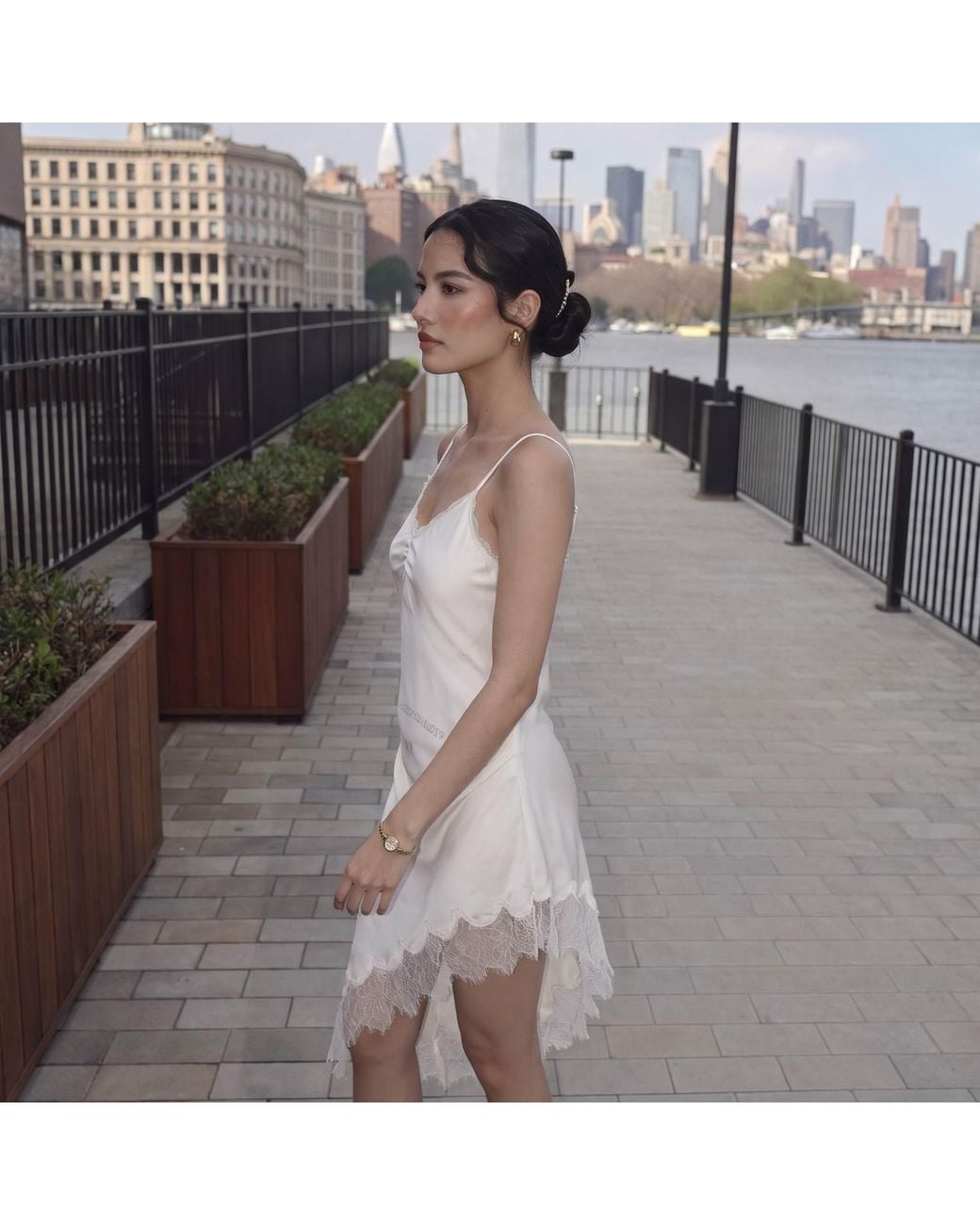 Modenaire White Asymmetric Satin Slip Dress With Lace Trim And Draped Silhouette