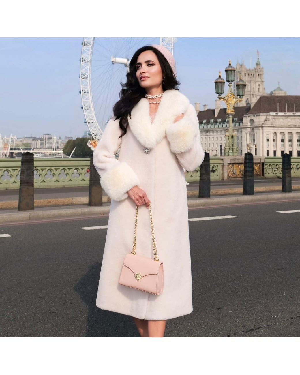 Santinni Natural Sunset Boulevard Long Wool Coat With Faux Fur