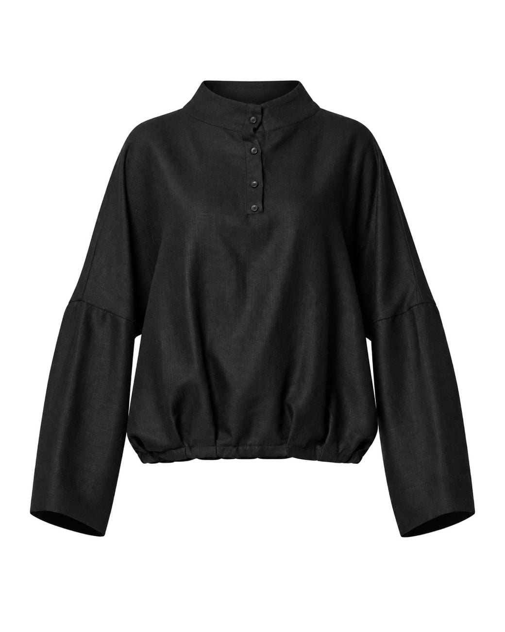 Metamorph Black Oversized Blouse With Stand Collar And Gathered Hem