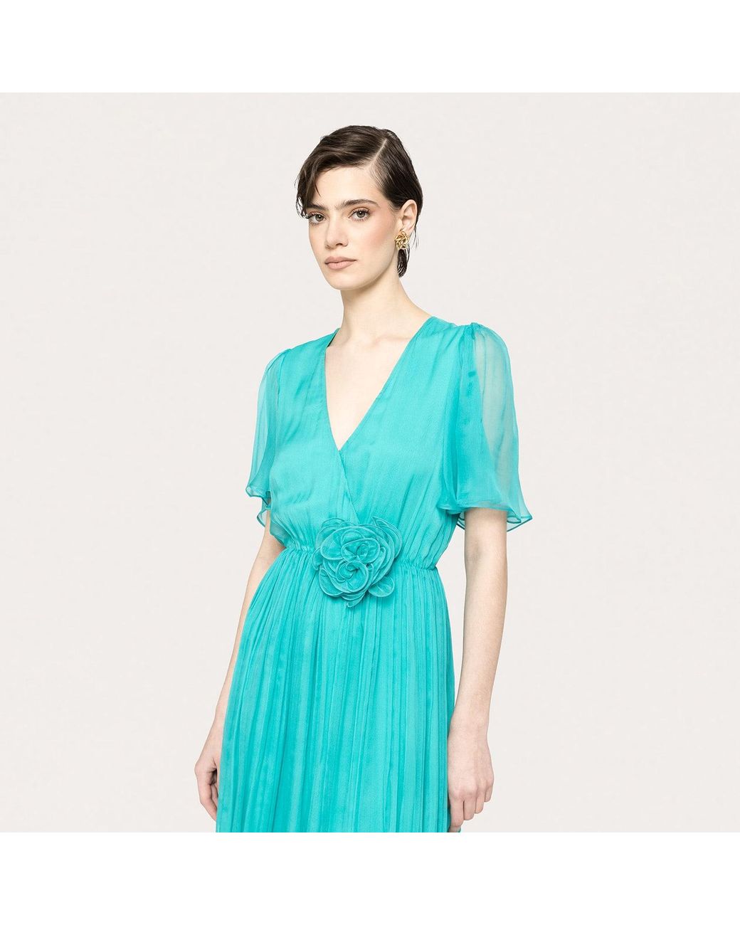 Nissa Blue Floral-Appliqué Silk Midi Dress Aqua