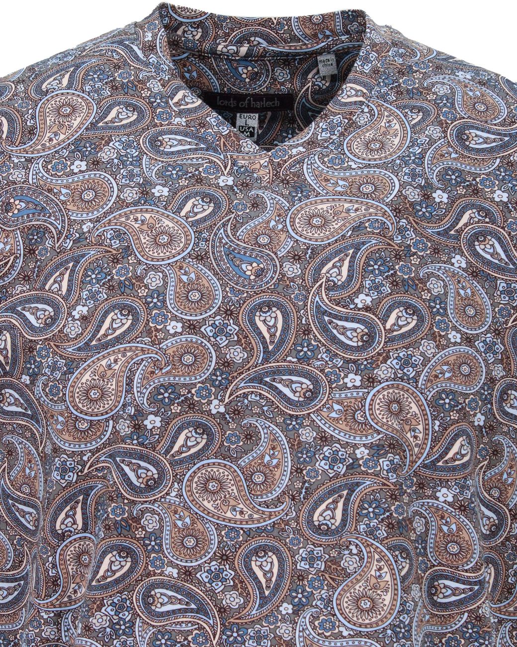 Lords of Harlech Blue Neutrals Maze Trippy Paisley V-Neck Tee for men