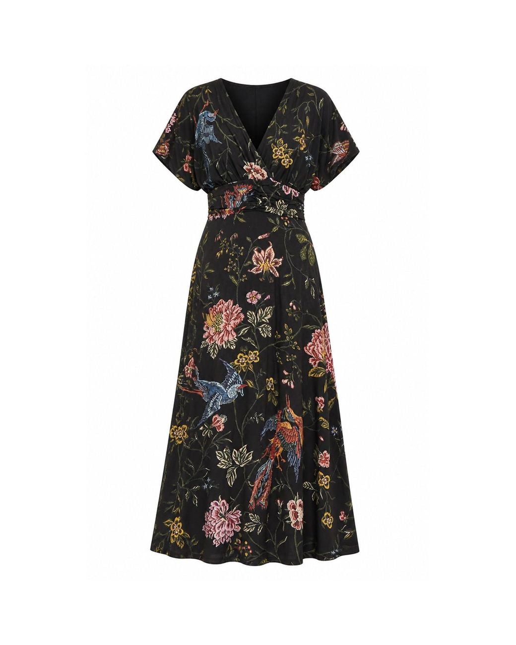 Yumi' Black Viscose Bird & Floral Print Kimono Midi Dress