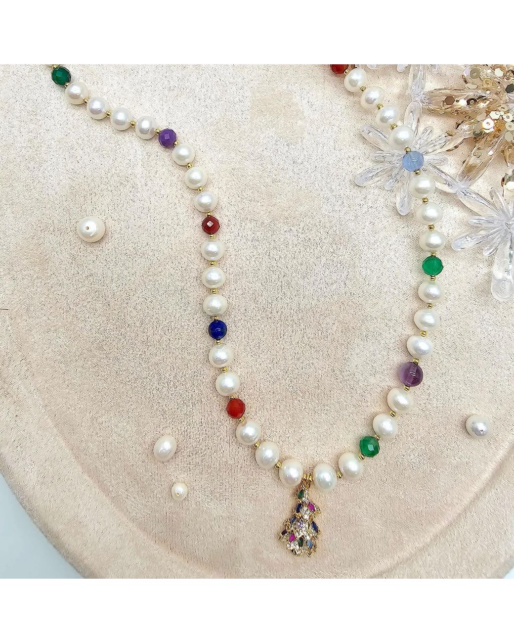 Farra Metallic Freshwater Pearl And Colorful Gemstone With Christmas Tree Pendant Necklace