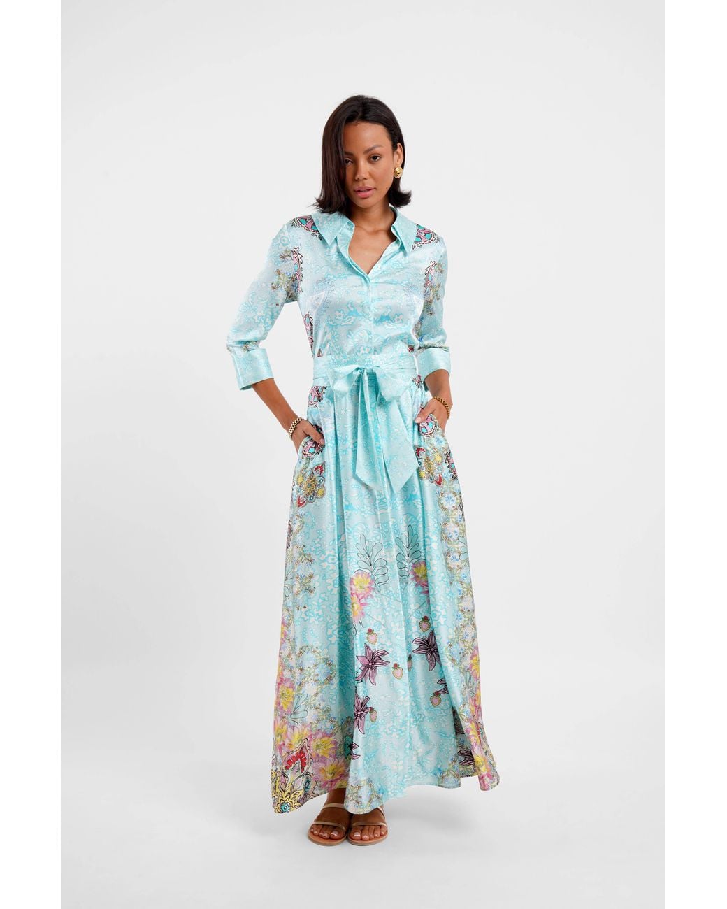Jessica Russell Flint Blue Belted Maxi Shirt Dress Floral Medley