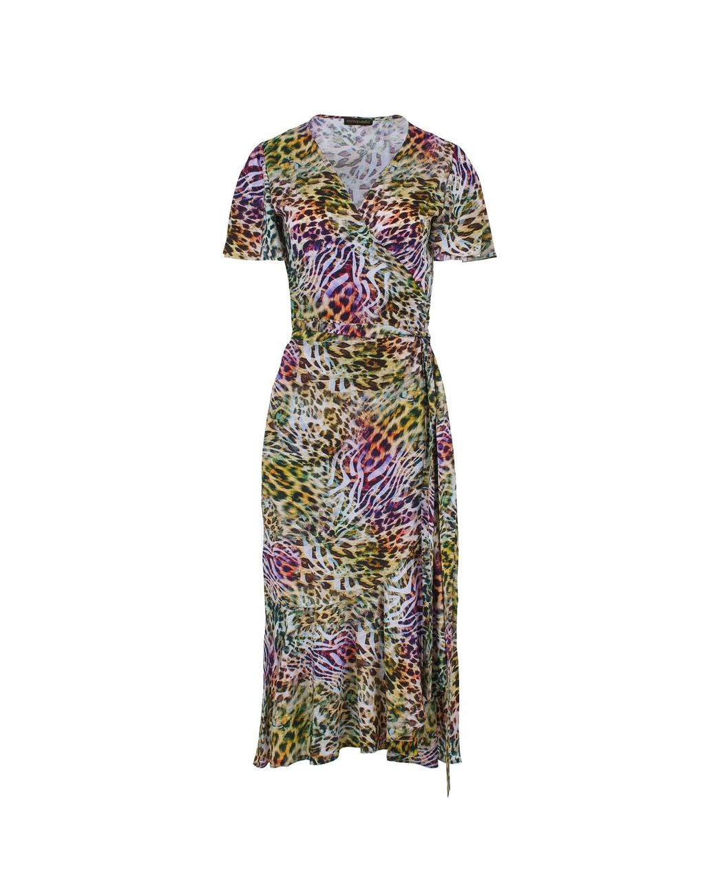 Conquista Multicolor Animal Print Ruffle Detail Wrap Dress