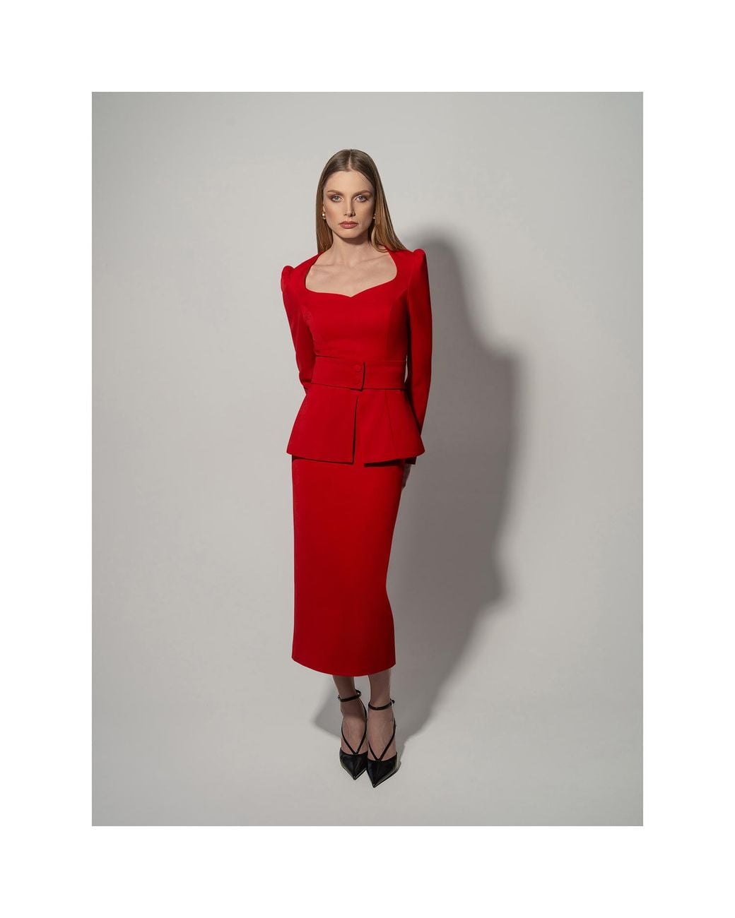 Tia Dorraine Red Fitted Blouse & Pencil Skirt Set