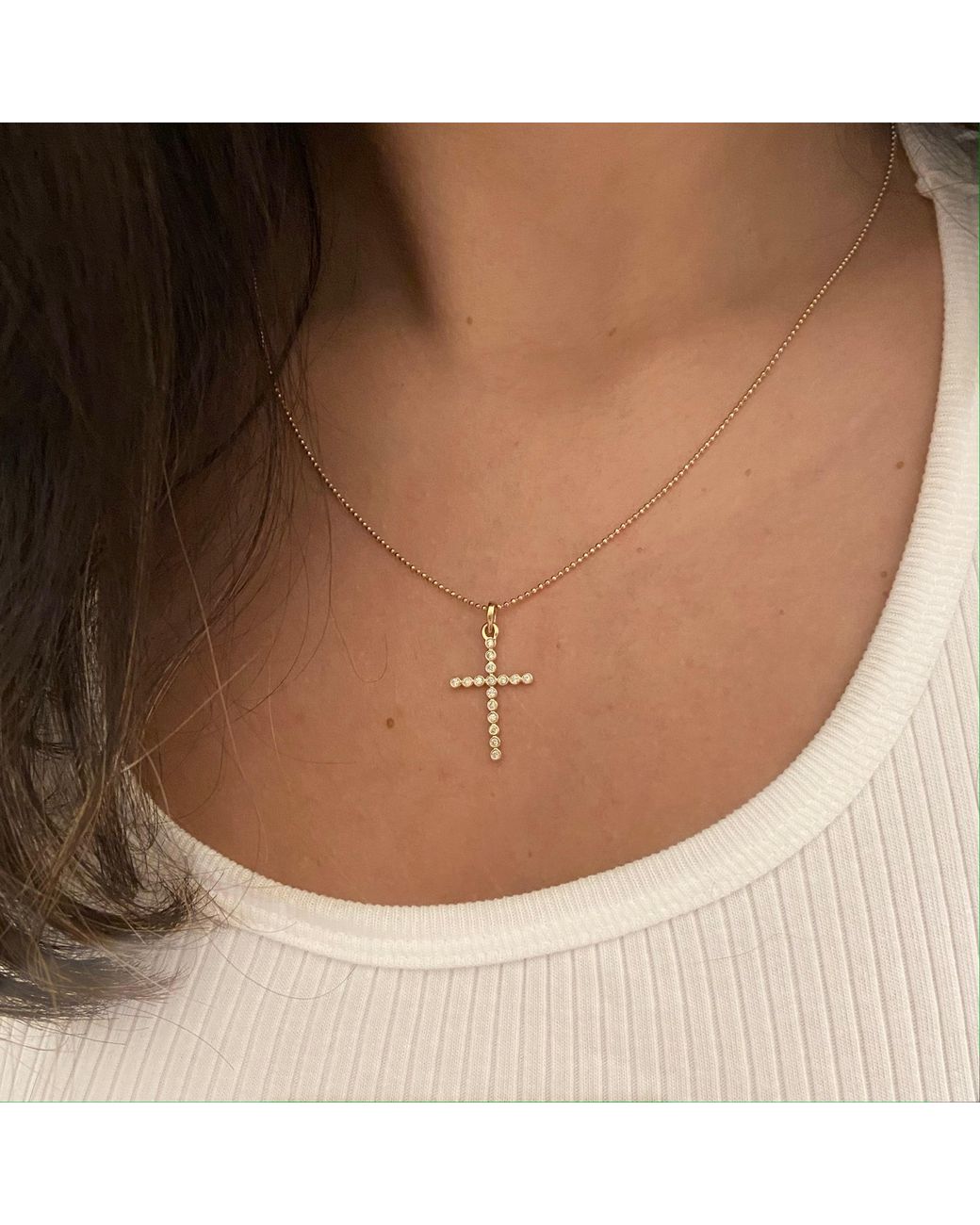 KAMARIA Metallic Diamond Cross Necklace Bezelled