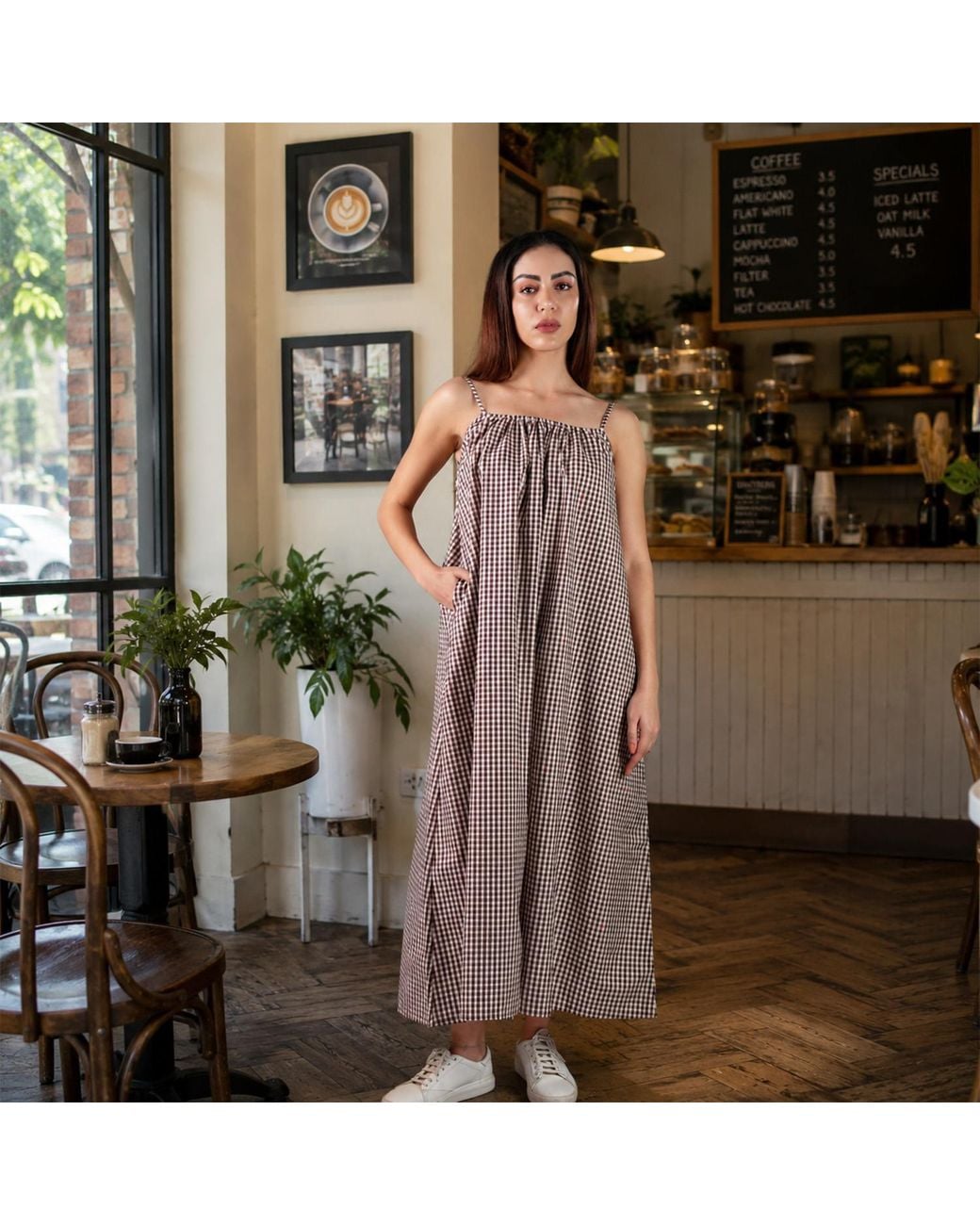 DHARA SHETH DUBAI Brown The New Classic Gingham Spaghetti Strap Maxi Dress