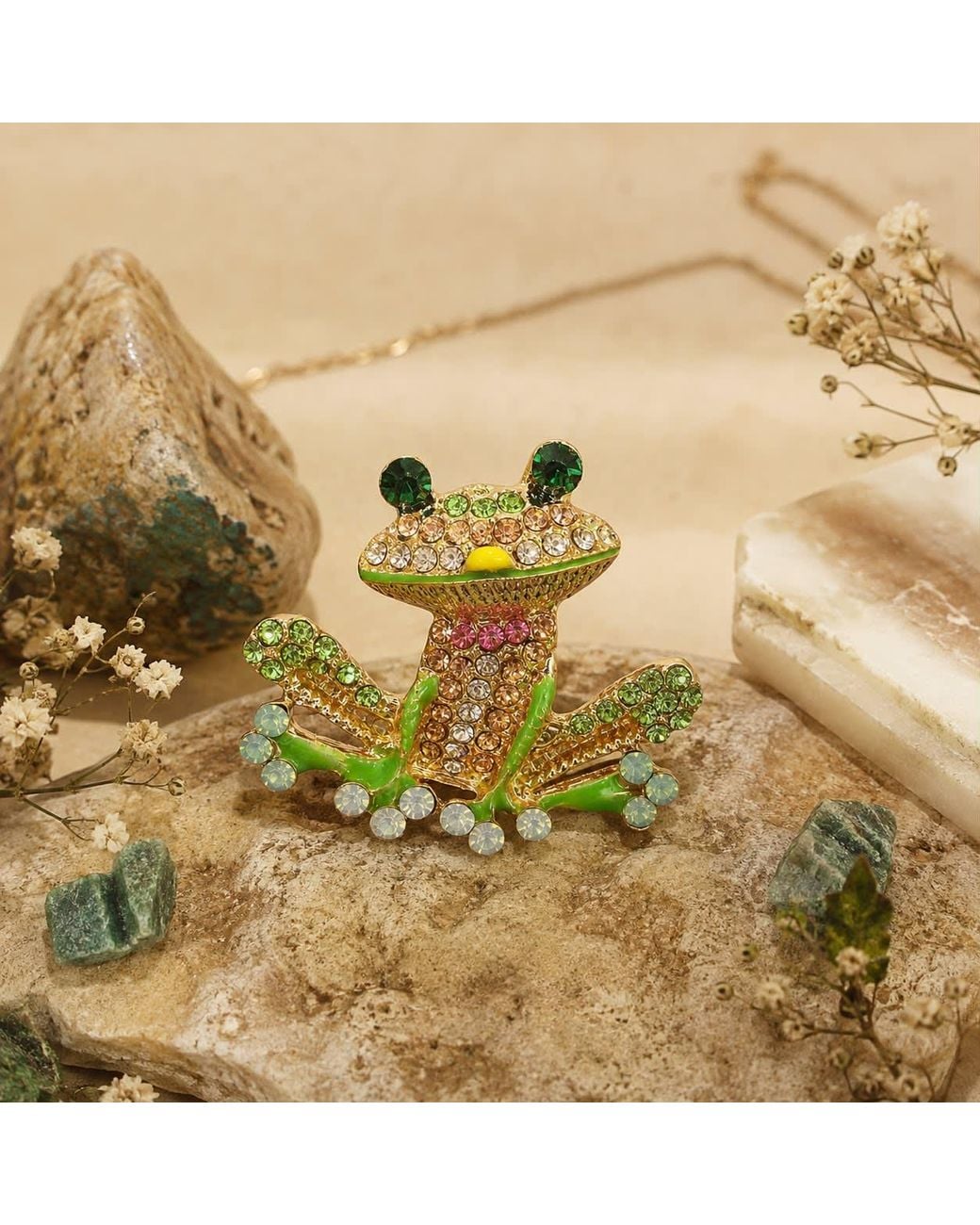 By Ozge Green Mystic Leap Multicolour Zirconia And Plated Frog Brooch