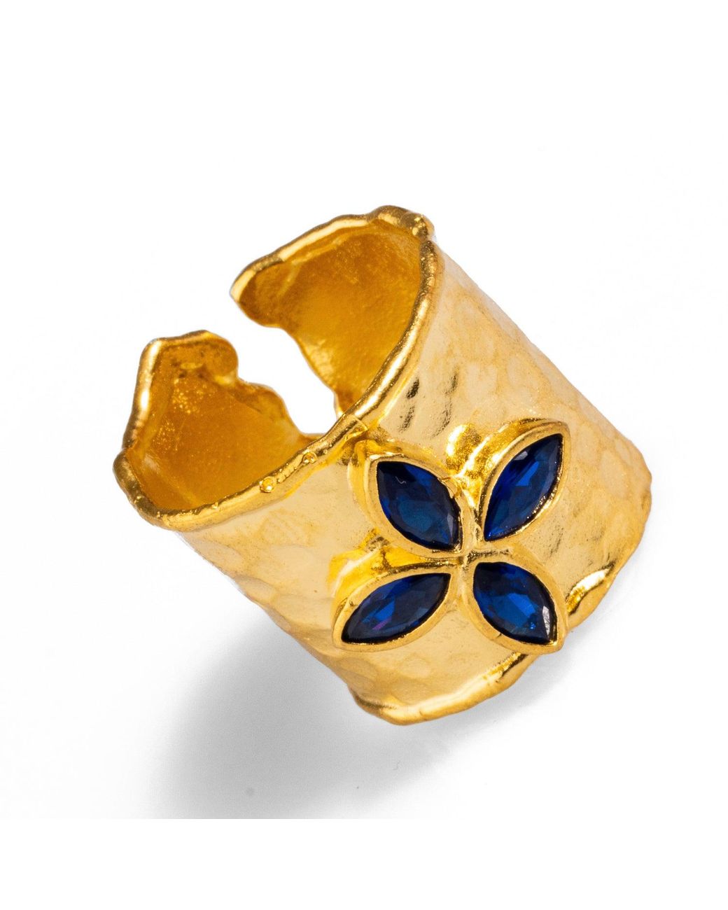 Ebru Jewelry Metallic Floral Sapphire Stone Band Design Statement Ring