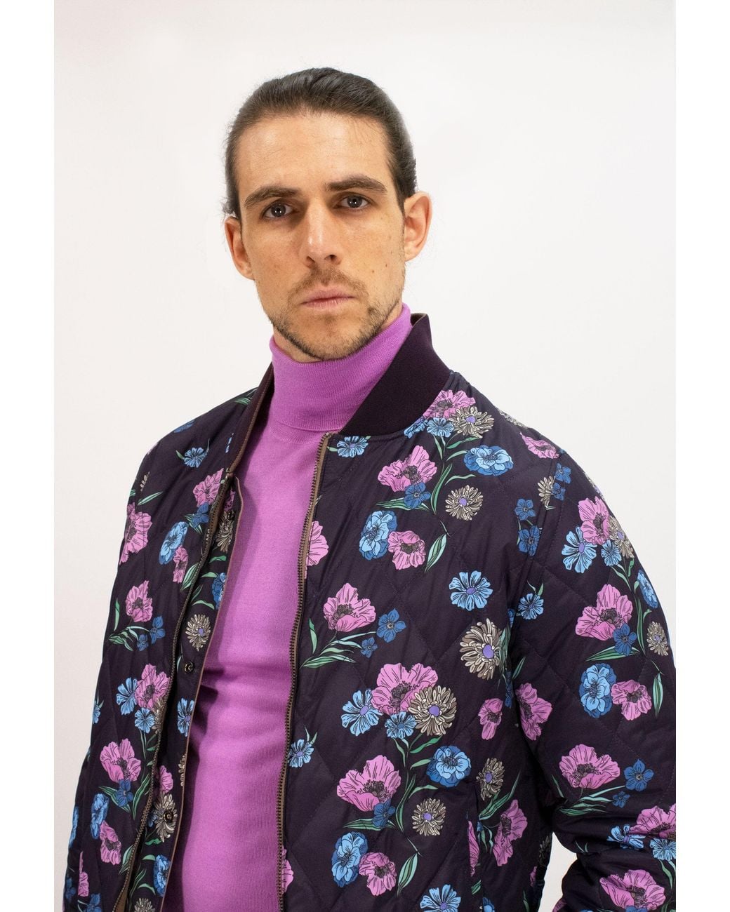 Lords of Harlech Blue Neutrals Ron Spaced Floral Reversible Bomber Jacket for men