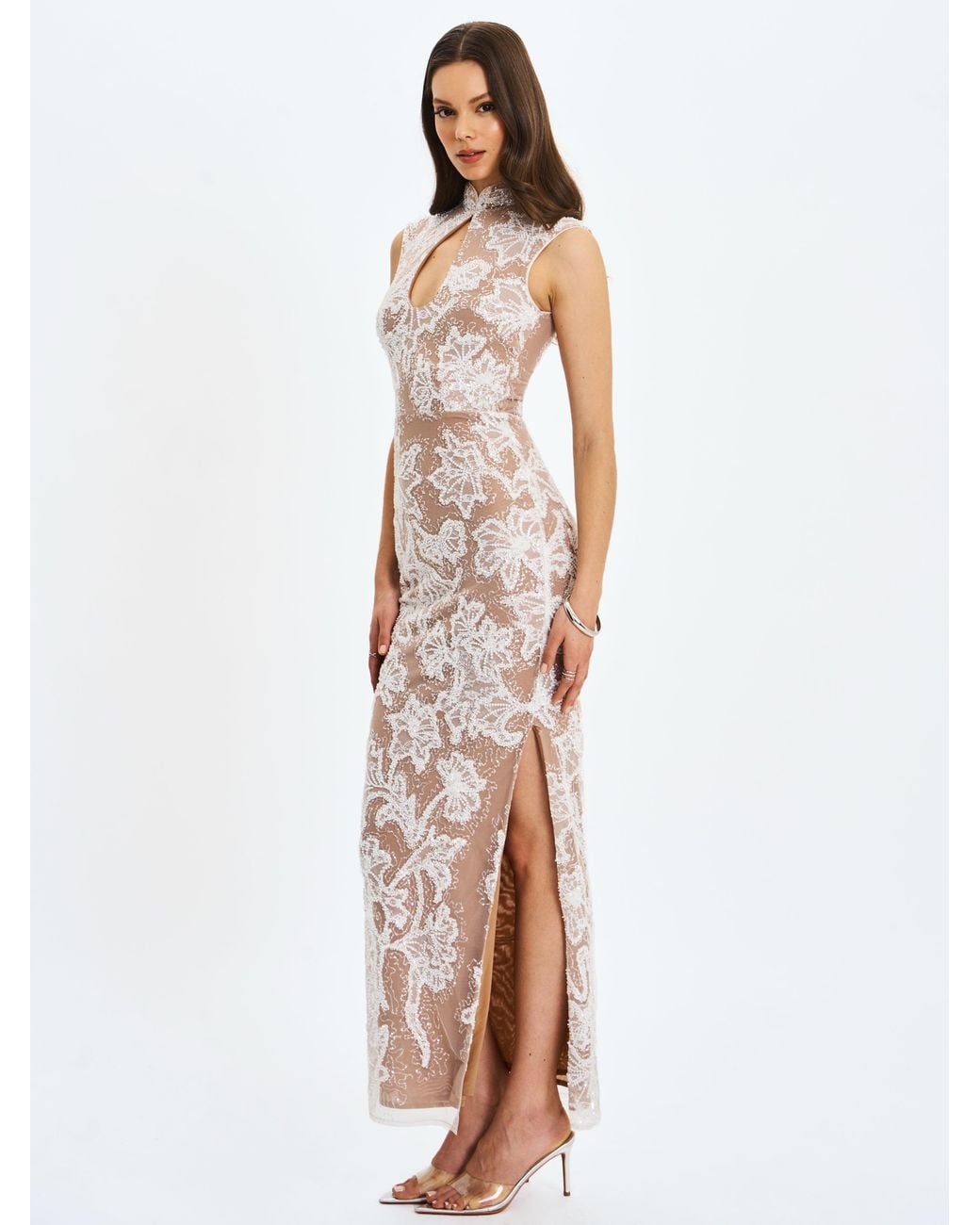 Miss Circle New York Gray Tavia Beaded Teardrop Neckline Maxi Dress