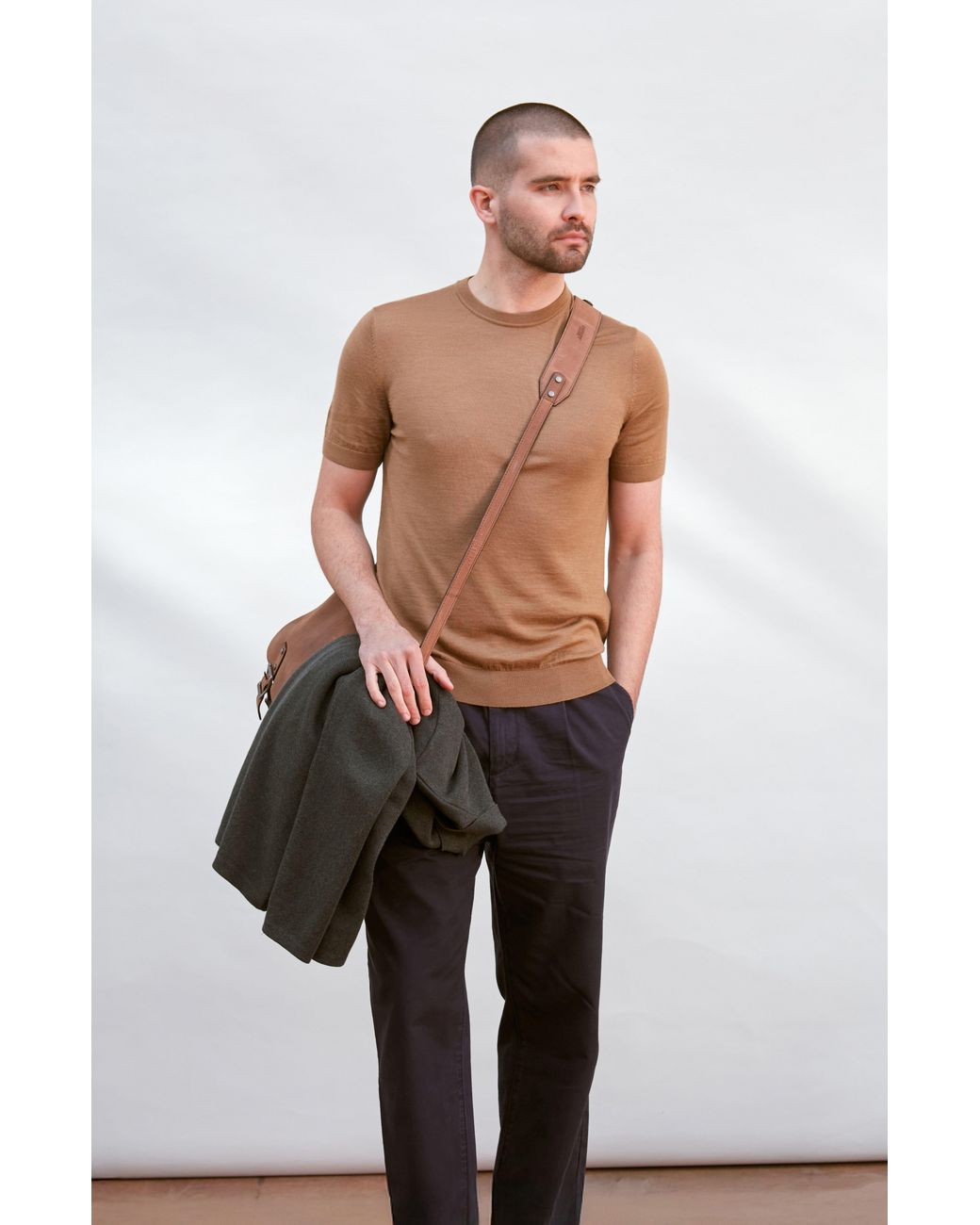 Paul James Knitwear Brown Superfine Merino Silk Bellini Short Sleeve Jumper for men