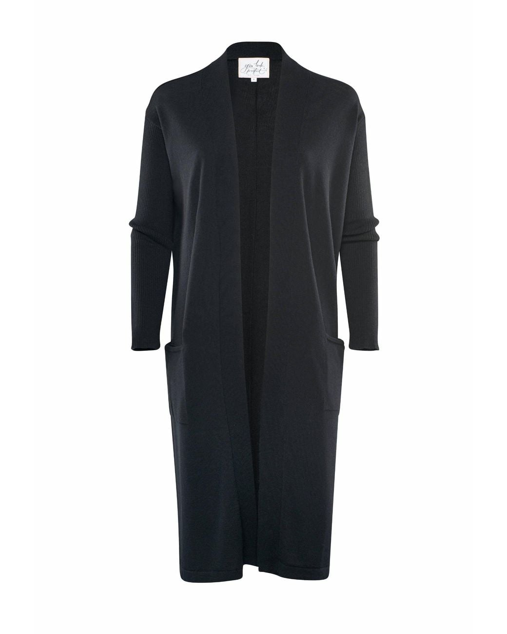 YOU LOOK PERFECT Black Cardigan Blossom, Long Merino Cardigan With Pockets