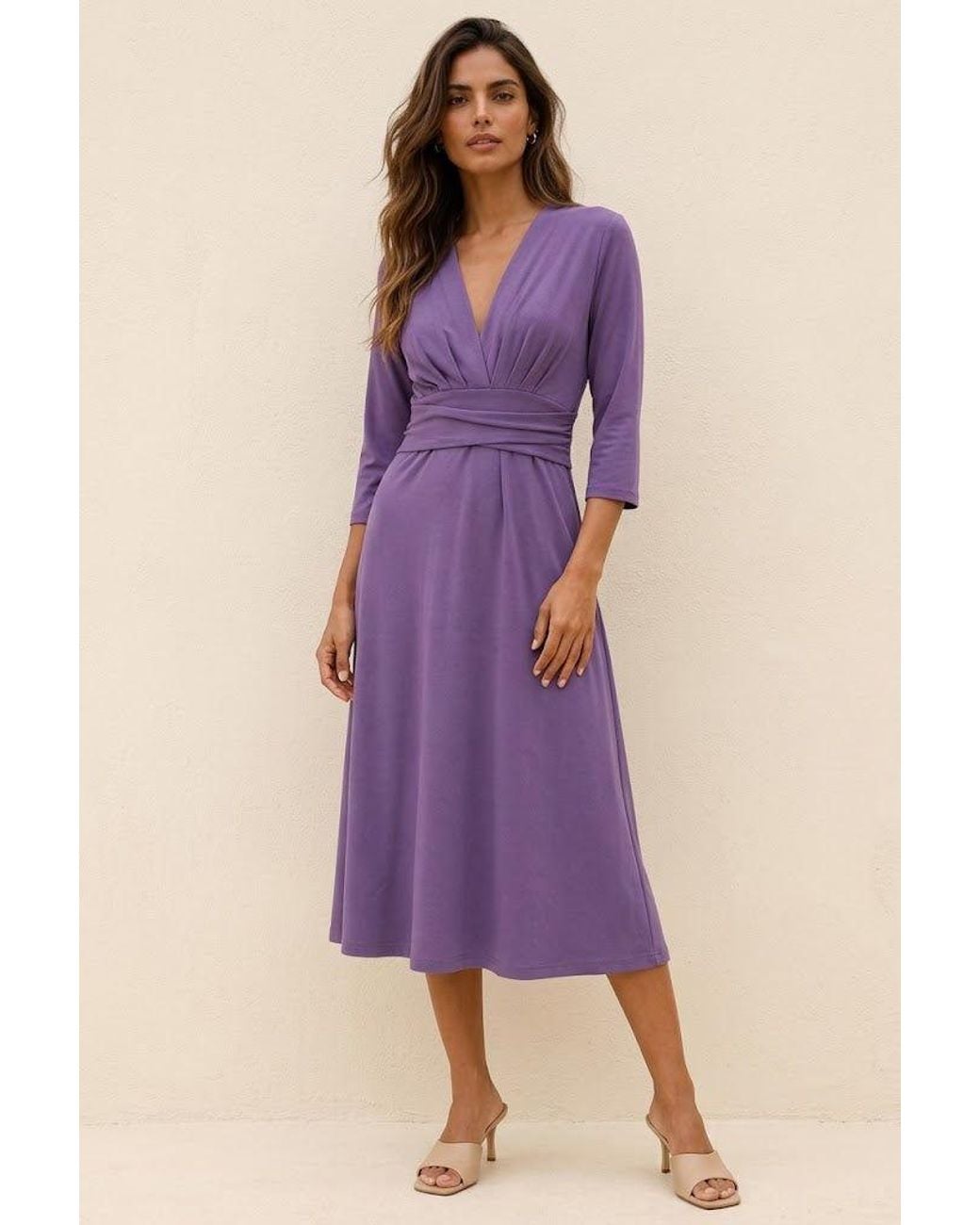Conquista Purple Draped Waist Midi Dress
