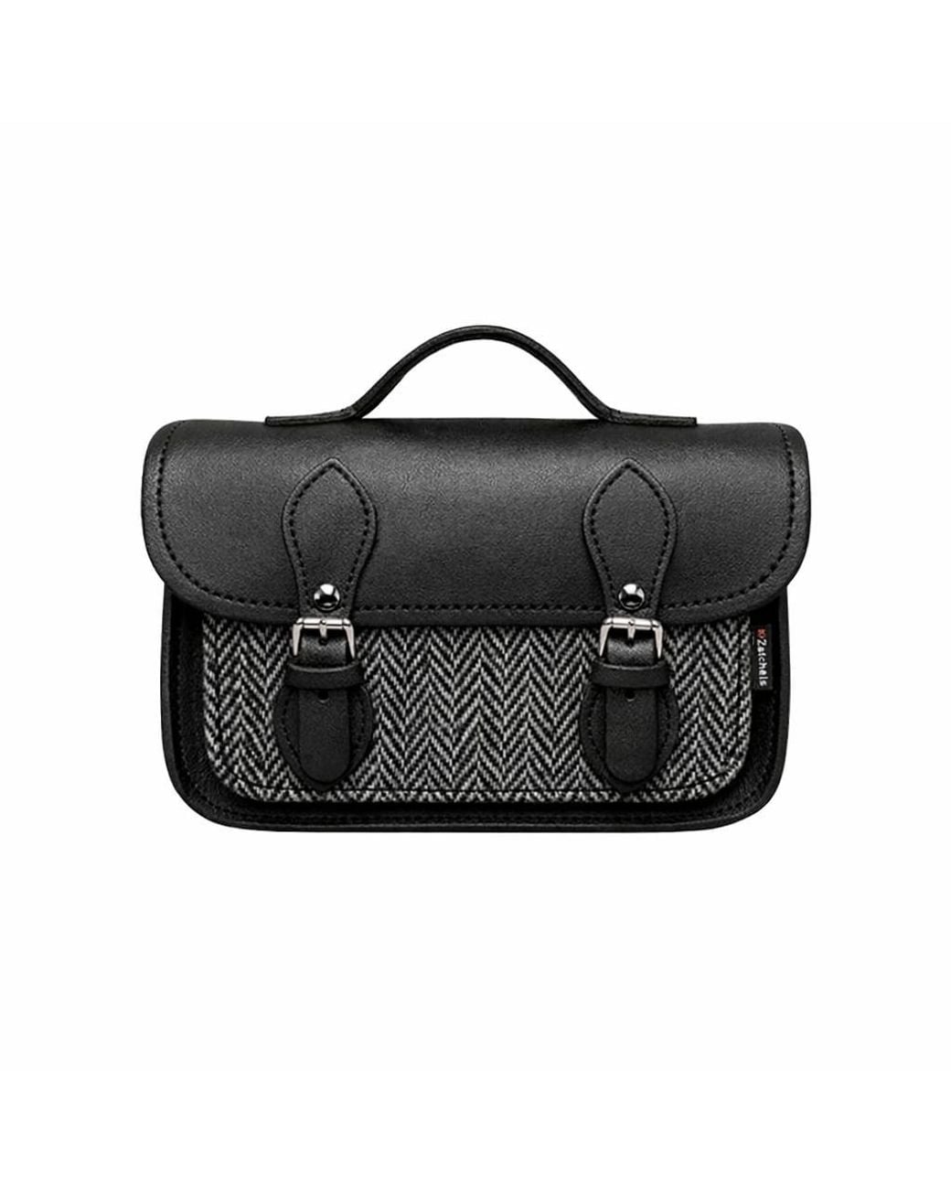 Zatchels Black Handmade Tannery Leather & Tweed Cross Body Micro Satchel Plus