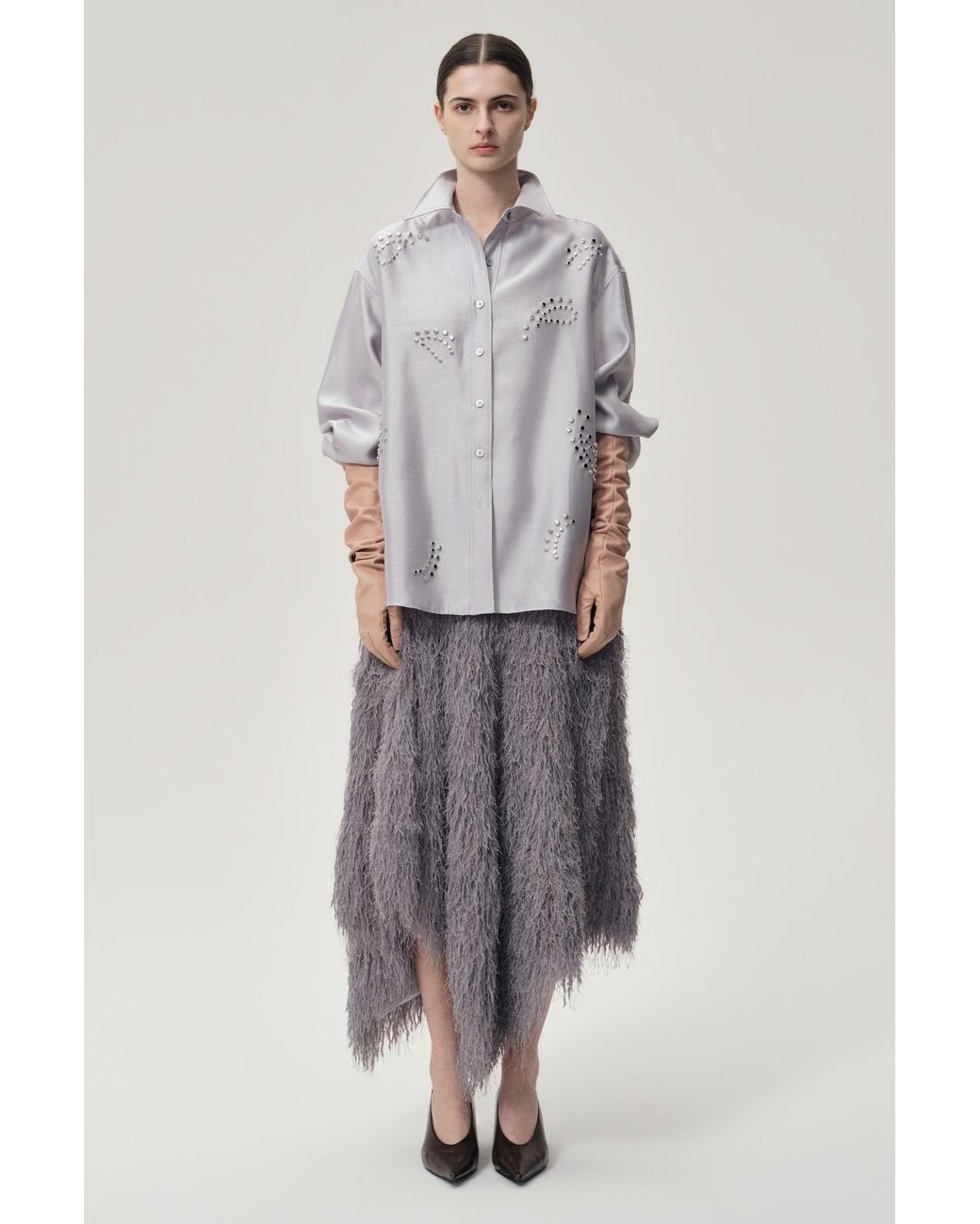 FRONT ROW SHOP Gray Stud-Embellished Shirt Pale