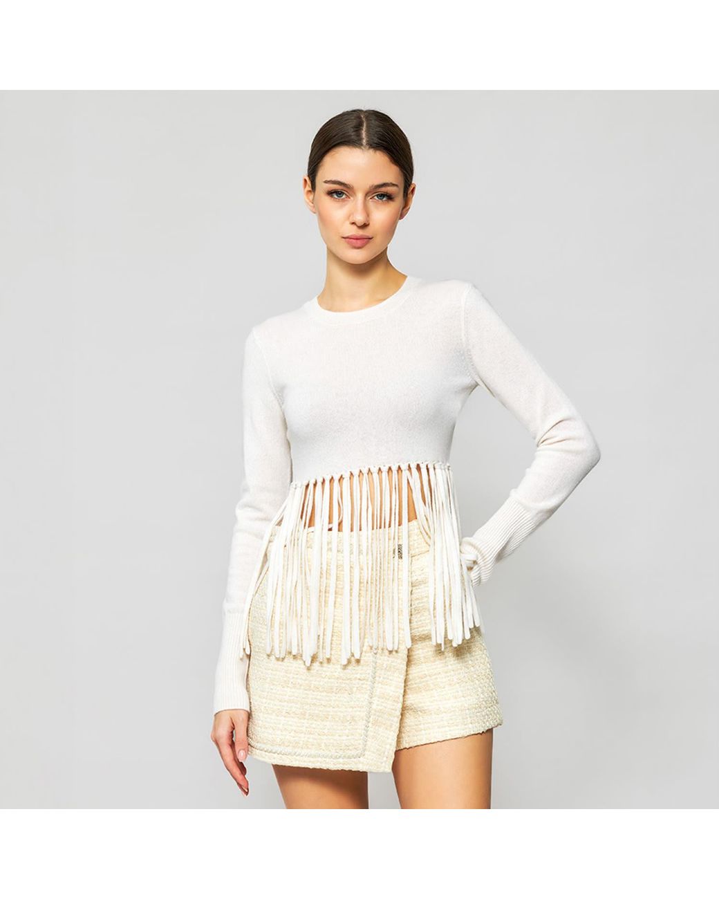 Solgo Atelier White Neutrals Mia Long Sleeve Cashmere Sweater Top With Hand Knotted Fringe Hem