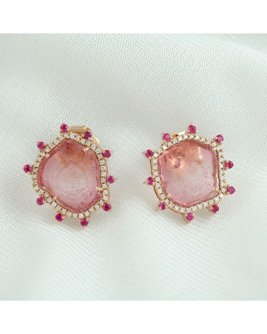 Artisan Pink 18K Melon Tourmaline, Ruby & Diamond Stud Earrings