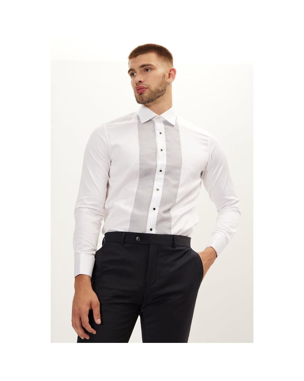 Ron Tomson White Lurex Paneled Spread Collar Shirt for men