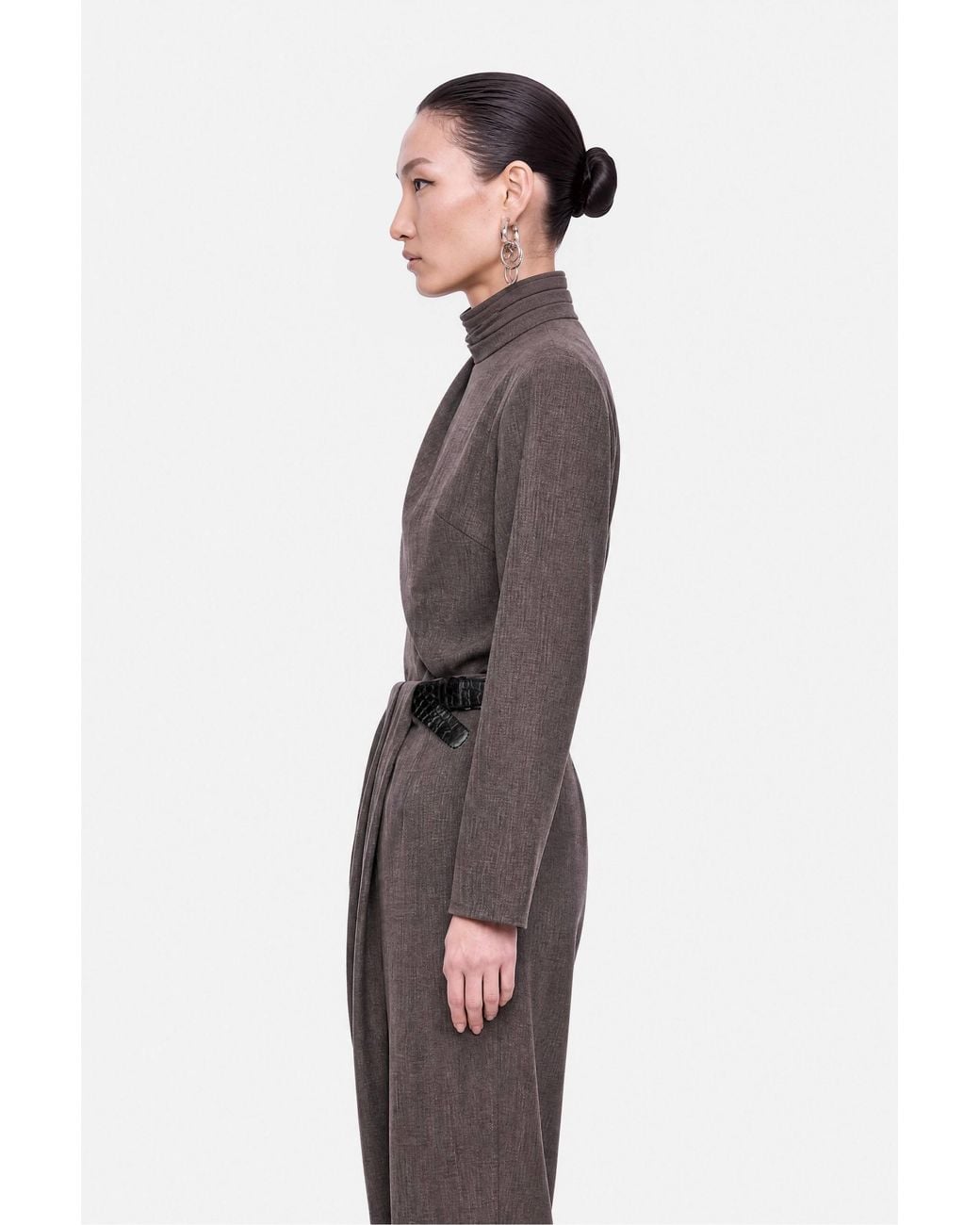 Nocturne Gray Padded Shoulder Stand Collar Blouse