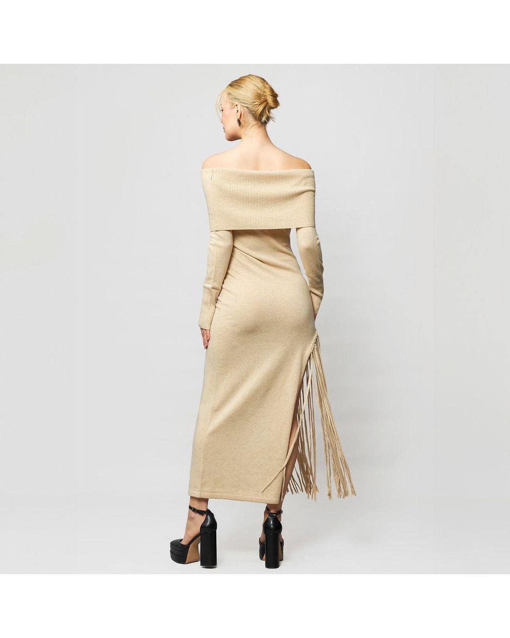 Solgo Atelier Natural Neutrals Peris Off-Shoulder Cashmere Maxi Dress