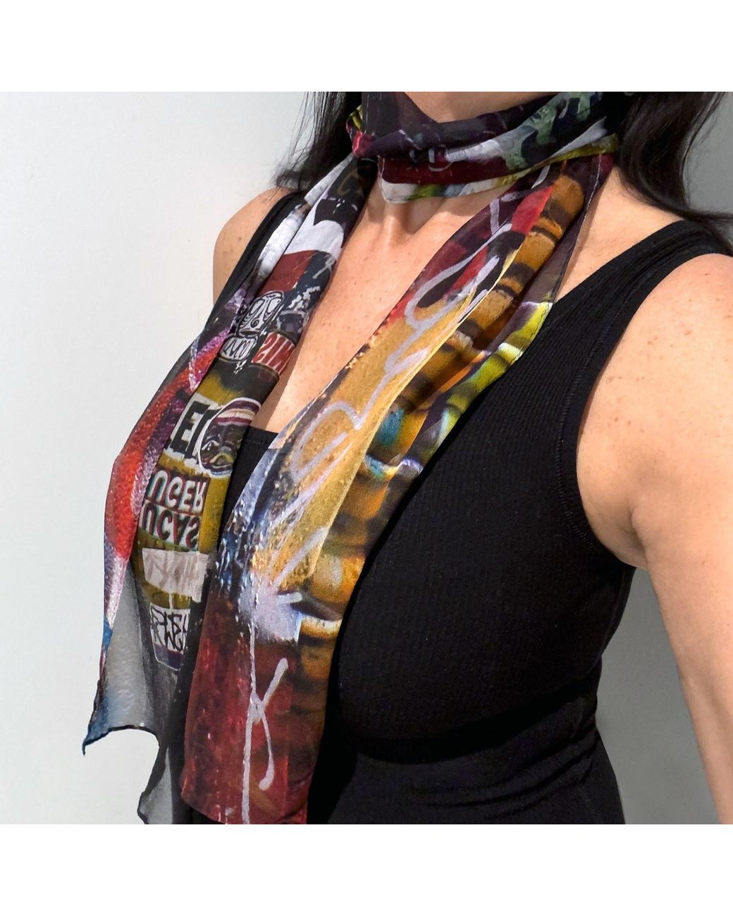 Babs Boutique NYC Blue Silk Georgette Graffiti Print Scarf