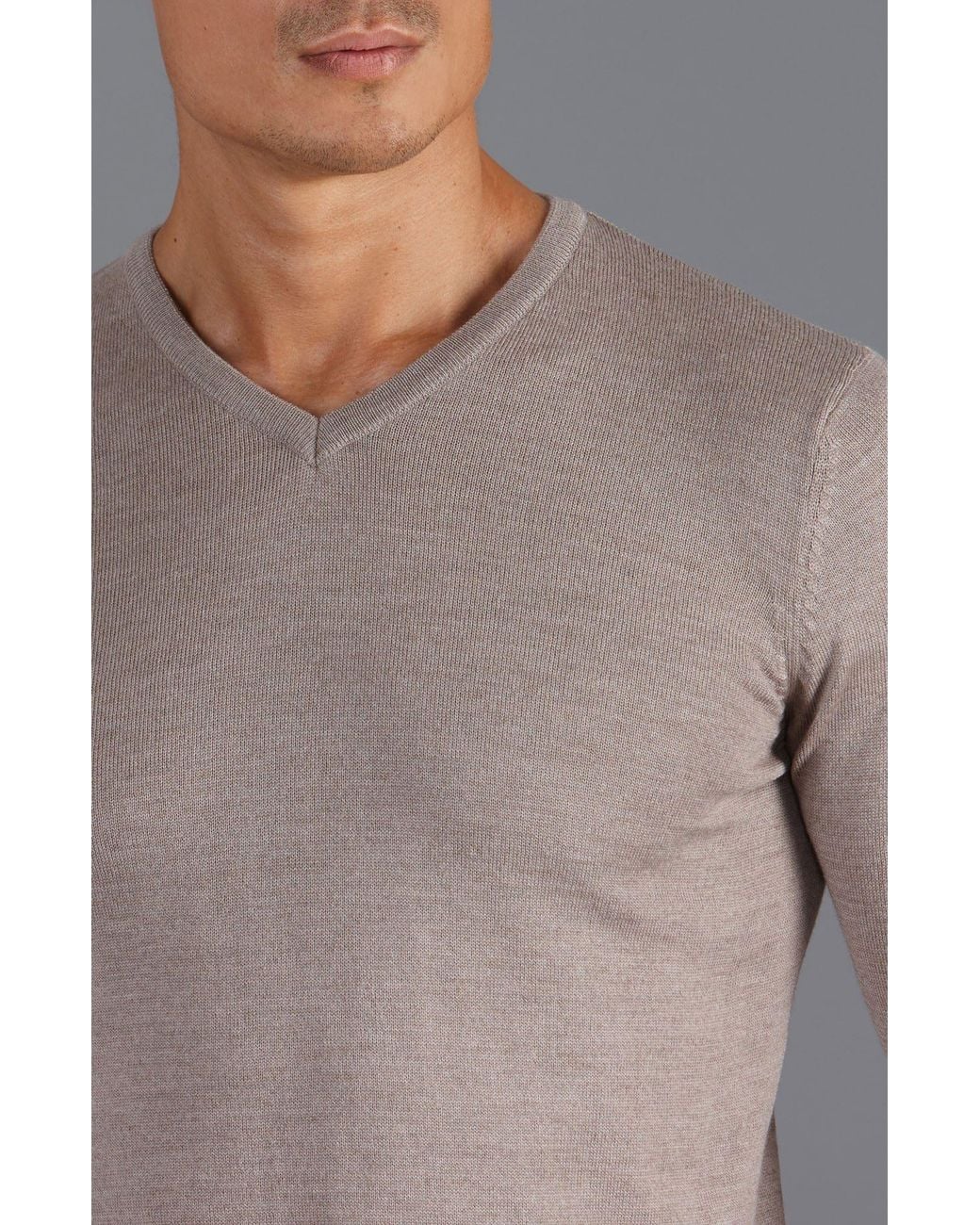 Paul James Knitwear Gray Neutrals Extra Fine Merino Wool Chester V-Neck Jumper for men