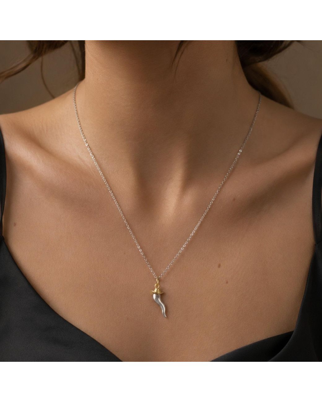 Unaloe Metallic Two Tone Sterling Italian Horn Necklace With Plated Western Hat Detail for men