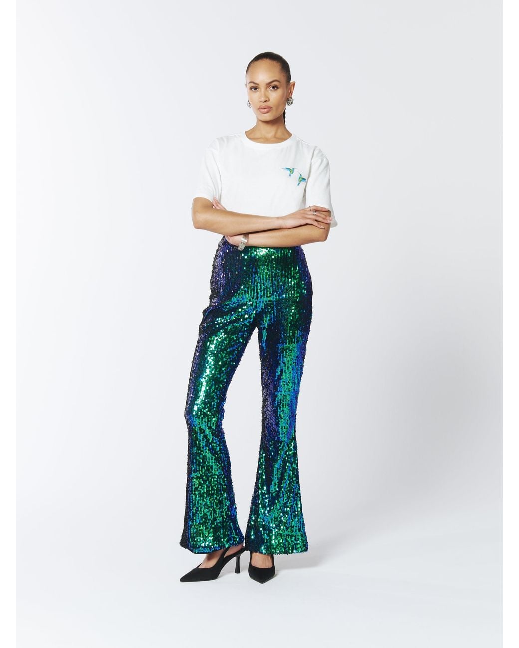 Sour Figs Green Iridescent Sequin Flared Trousers