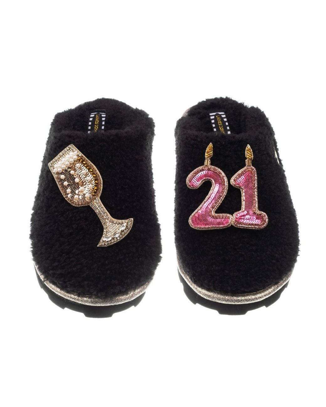 Laines London Black Teddy Closed Toe Slippers With 21St Birthday & Champagne Glass Brooches