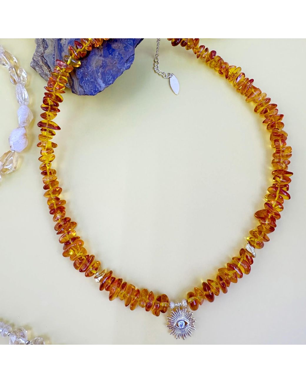 Farra Orange Natural Amber With Evil Eye Pendant Necklace