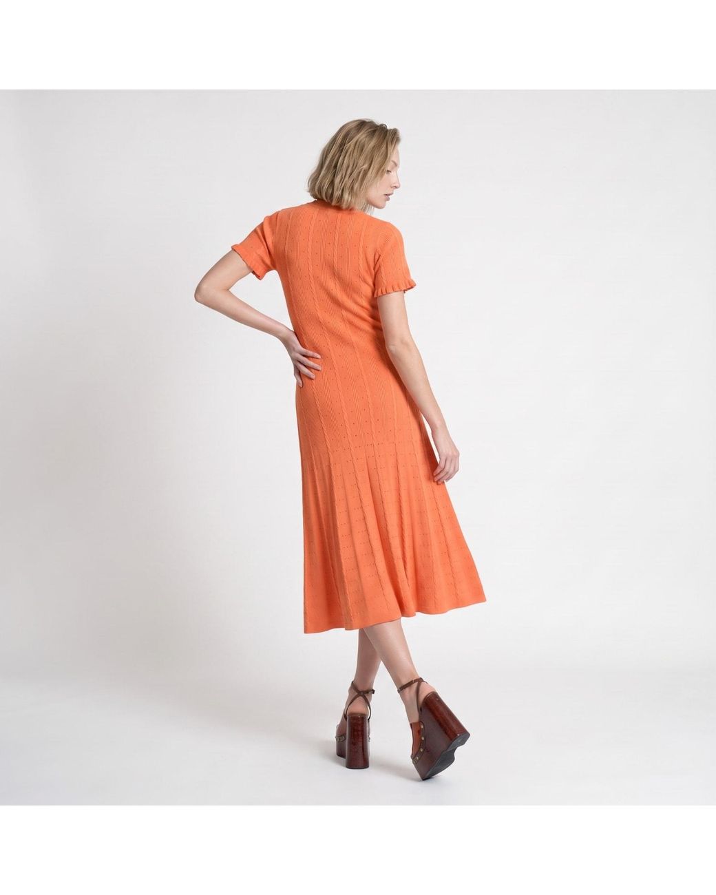 Modenaire Orange Button Front Knit Midi Dress