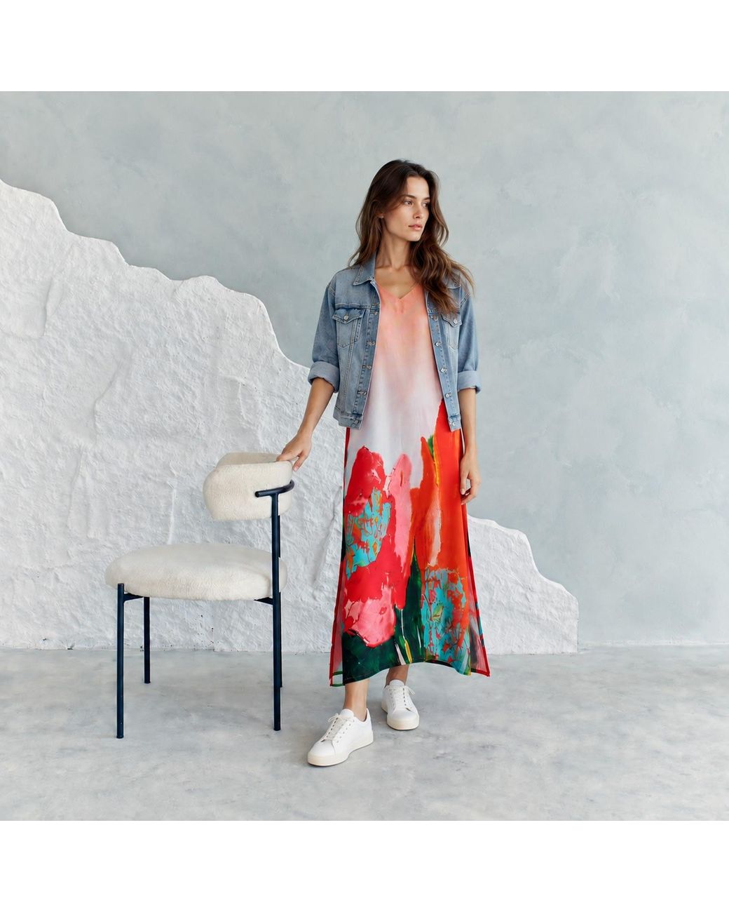 DHARA SHETH DUBAI Red Coral Mirage Floral Kaftan Maxi Dress With Side Slits