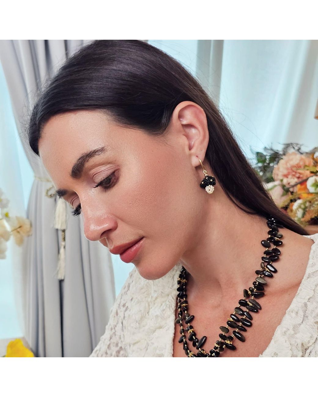 Farra Black Beaded Mushroom Playful Earrings