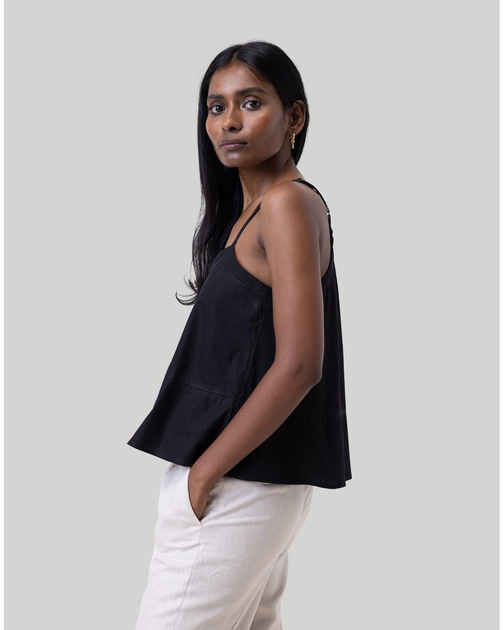 REISTOR Black V-Neck Cotton Camisole With Lace