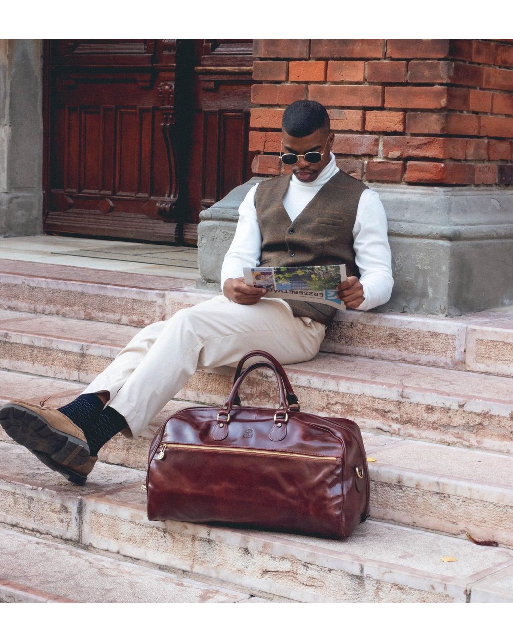 Time Resistance Brown Leather Duffel Bag for men