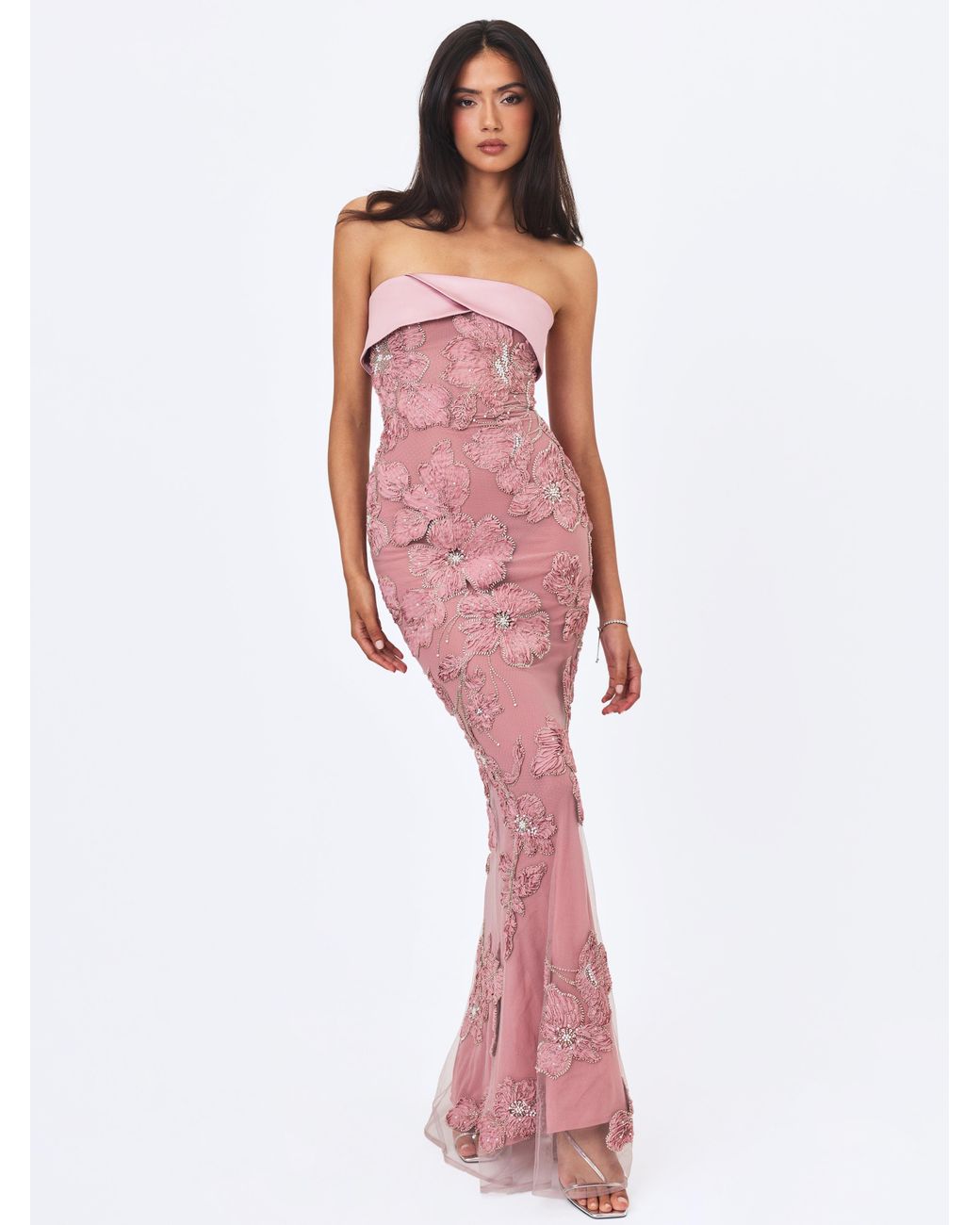 Miss Circle New York Purple Raphaela Dusty Beaded Floral Strapless Mermaid Maxi Dress