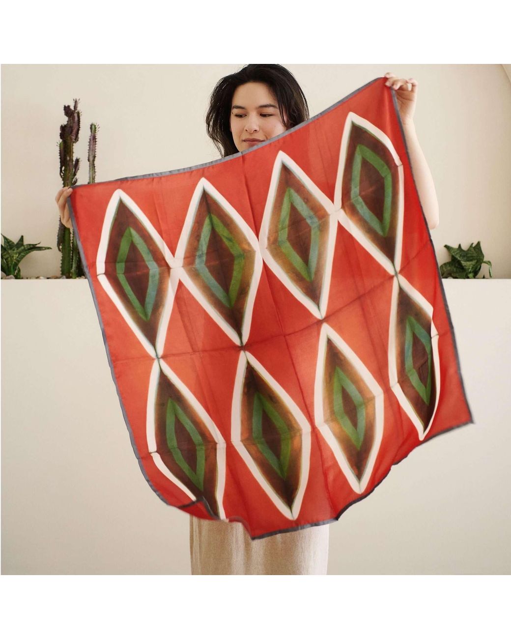 Variously Red Fawn Geometrical Print Shibori Square Silk Scarf