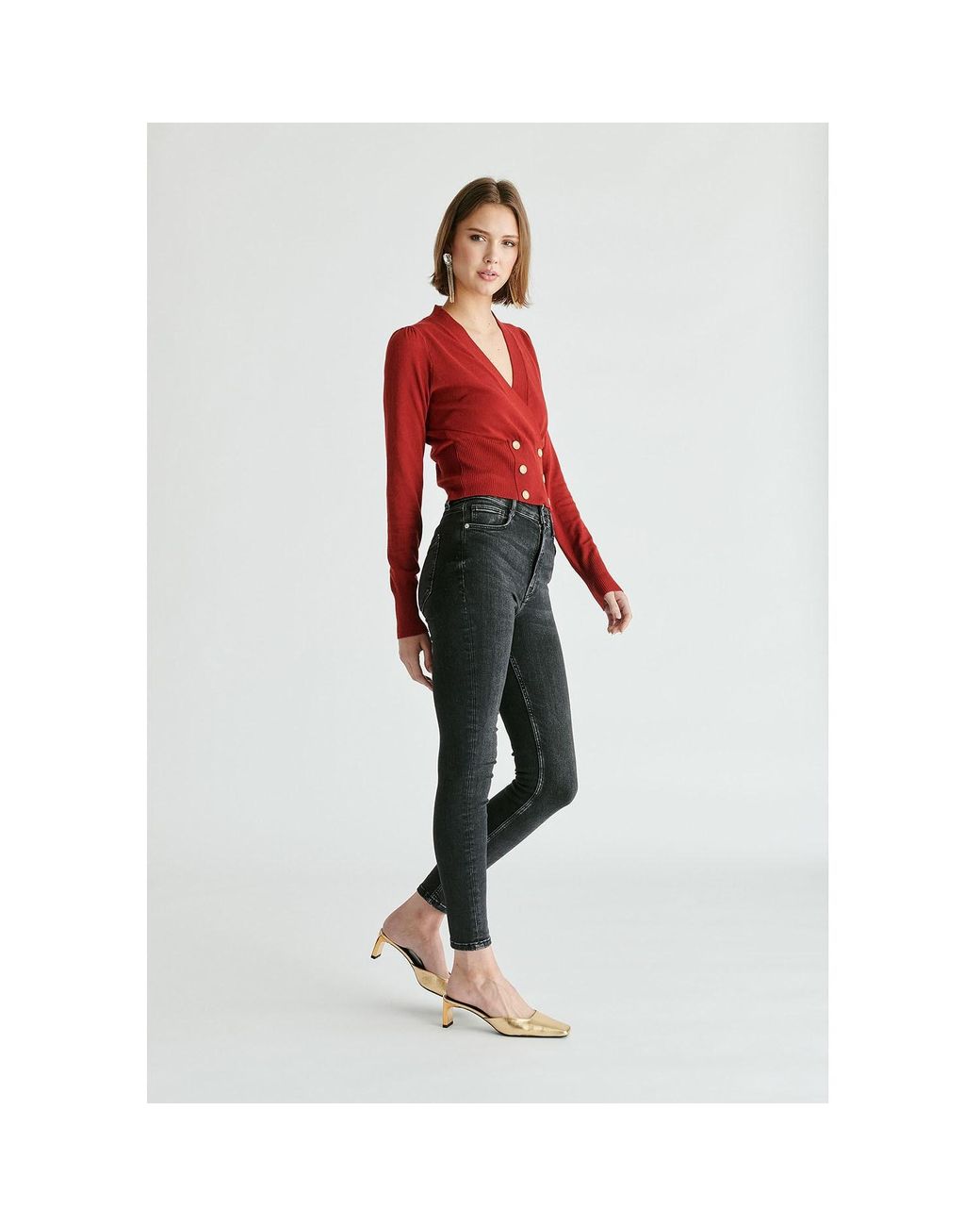 Paisie Red Long Sleeve Knitted Button Wrap Top